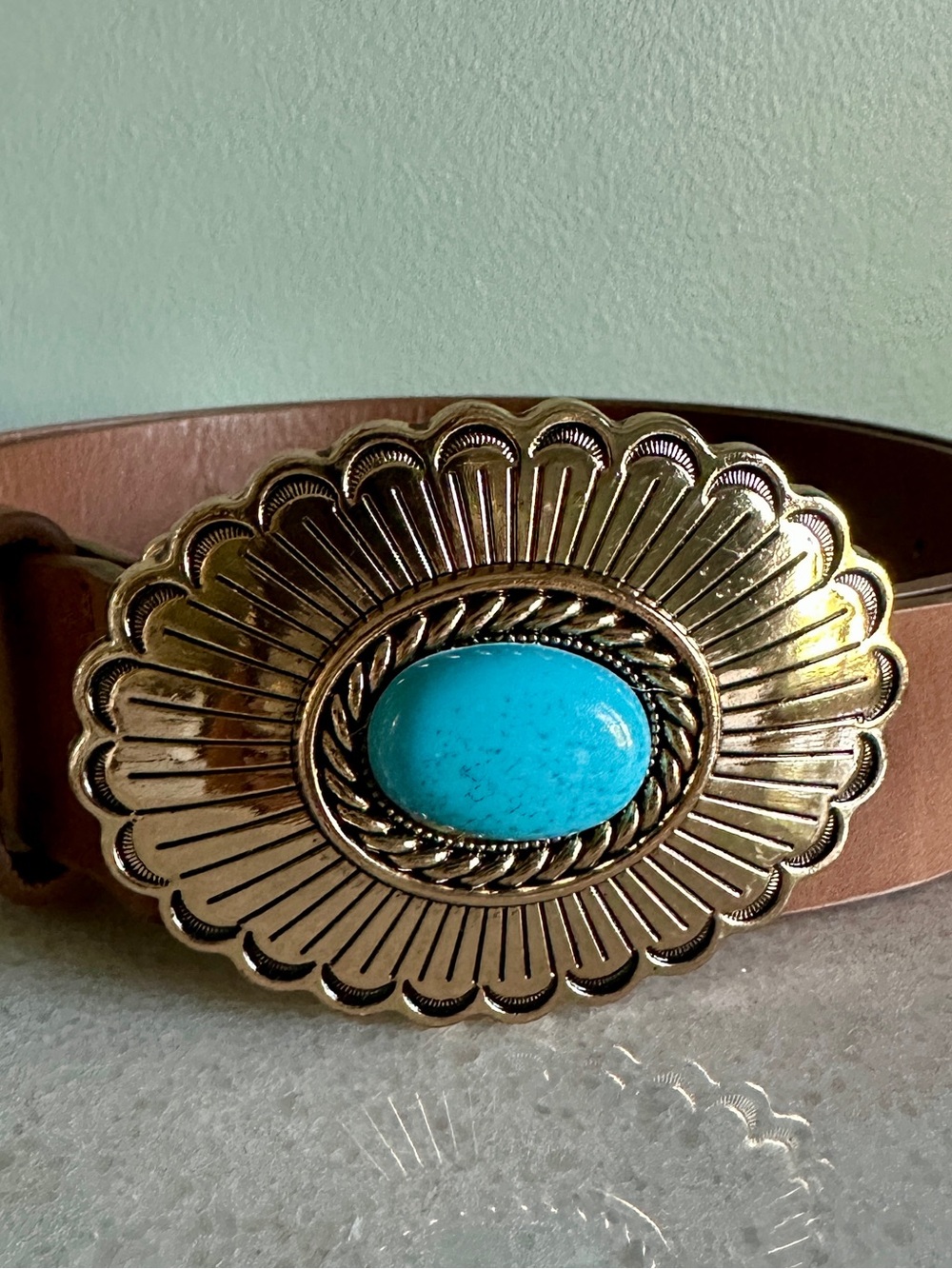Western Turquoise Oval Concho Belt Buckle - Turquoise & Gold 34-40”